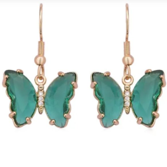 Simulated Dark Green Sapphire Butterfly Earrings in Goldtone - Picture 1 of 4